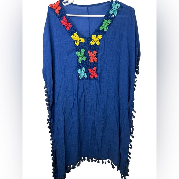 Other - Blue Poncho Beach Coverup with Colorful Floral Accents